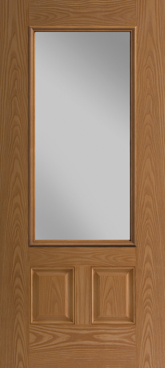 Oak textured fiberglass exterior door 2 panel with threequarter lite rectangle